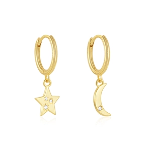 Detail of gold-plated silver hoop earrings with asymmetric star and moon crystal charms