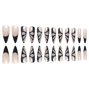 Chic black butterfly press-on nails with rhinestones in long almond shape, 24-piece set