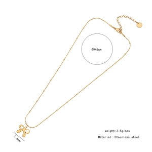 Detailed specs of the 1.6cm golden bow pendant on a 40+5cm stainless steel bead chain