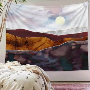 Detailed texture of abstract landscape tapestry featuring modern mountains and sun