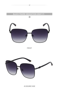 Detailsicht der quadratischen Übergroße-Sonnenbrille mit schwarzem Rahmen und Grauton