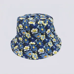 Detailed view of floral bucket hat with vibrant blue and yellow pattern print