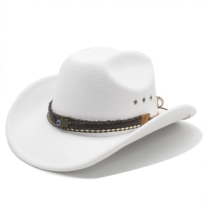 White felt cowboy hat featuring a braided brown band with a Hamsa Hand metal pendant