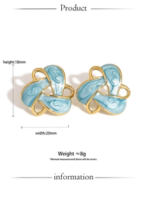 Detailed size view of retro blue enamel earrings in gold setting, 18mm by 20mm