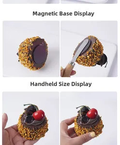Macro detail of artificial chocolate cake magnet with base magnet and size comparison