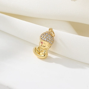 14K gold plated Buddha pendant with white zircon pavé and red gemstone detail
