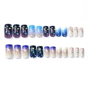 24pcs starry sky false nails with blue purple gradient stars and glitter shimmer