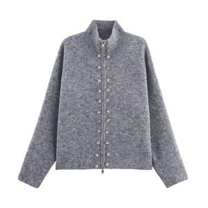Women's dark grey knit cardigan with high neck zipper and 22 metal buttons on white background