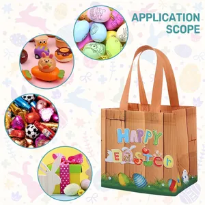 Sac cadeau de Pâques réutilisable en non-tissé avec motifs d'œufs et décor bois