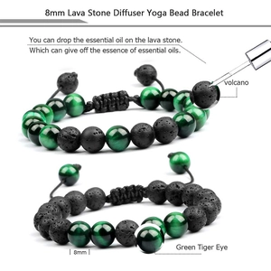 8mm Green Tiger Eye and Lava Rock essential oil diffuser bracelet with adjustable cord