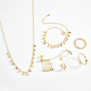 Luxurious gold-plated jewelry set with colorful zircon stones including rings and earrings