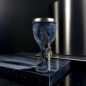 Gothic dragon and sword wine goblet with blue resin base and stainless steel liner
