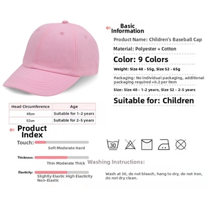 Detailed size chart for kids baseball cap including head circumference and care instructions