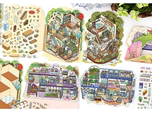 Detailed 2.5D illustration stickers with cozy home scenes and furniture for DIY journals