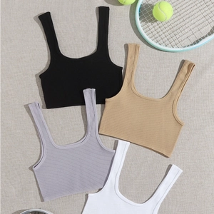 Débardeur En Tricot Côtelé Femmes Nylon Spandex Col Carré Larges Bretelles Séchage Rapide Sans Couture Yoga Sport Crop Top