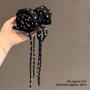 Polka dot fabric rose hair claw clip with 28cm long ribbons and elegant French design