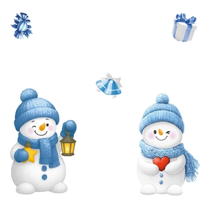Christmas window stickers with cute snowmen, blue gift boxes, and festive bells decor