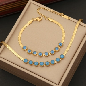 Stainless Steel Evil Eye Necklace Bracelet Earrings Set Gold Plated Blade Snake Chain Enamel Charm Jewelry For Women