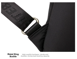 Detail of golden hardware buckle and woven strap on a black nylon backpack for women