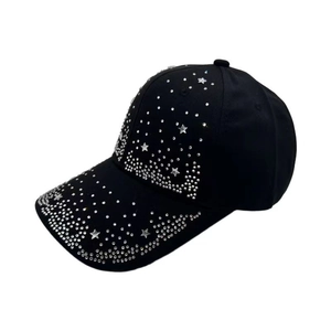 Women's black cotton baseball cap with sparkling silver rhinestone star patterns