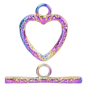 Detailed view of rainbow textured stainless steel heart-shaped OT toggle jewelry clasp