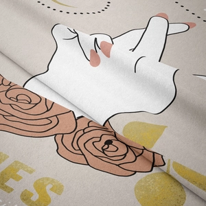 Detailed macro view of soft plush fabric texture with bohemian lucky gesture and rose print