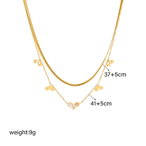 Double-layer gold titanium steel necklace with heart pendants and white shell inlay