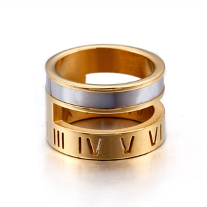 Golden stainless steel double-layer ring with Roman numerals and white shell inlay