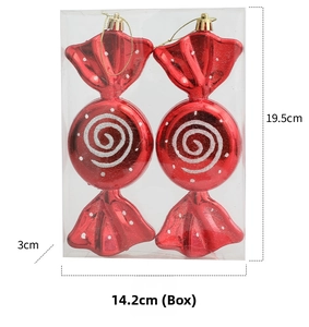 Detail of red Christmas candy ornaments in a clear box showing dimensions 19.5cm x 14.2cm