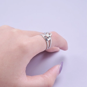 Silver open heart ring with twisted rope band for women adjustable stainless steel jewelry