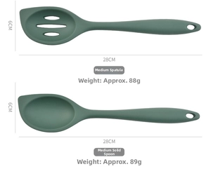 Detailed view of dark green heat-resistant silicone slotted and solid spoons with 28cm size marking