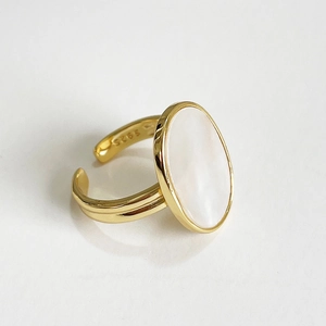 Minimalist S925 sterling silver ring with oval white shell inlay and gold finish