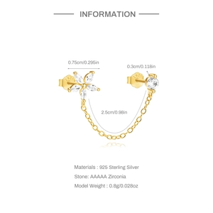 Detailed technical diagram of silver chain earring with star flower stud and zircon