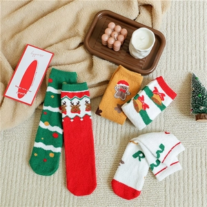 Thick warm Christmas coral fleece socks with reindeer and bell embroidery in gift style