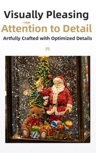 Close-up of vintage Christmas snow globe featuring Santa Claus, teddy bear and pine tree