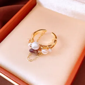 18k gold plated vintage pearl open ring with red stone and double chain details