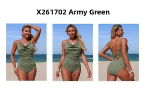 Army green one-piece swimsuit featuring cowl neck and gold ring shoulder detail