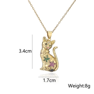 Detail view of gold-plated cat pendant with colorful zircon stones and dimensions