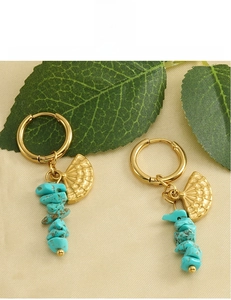 Detailed close-up of 18K gold-plated fan earrings with blue turquoise on leaves