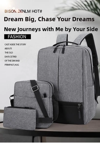 Three-piece set featuring grey oxford laptop backpack, shoulder bag, and clutch pouch
