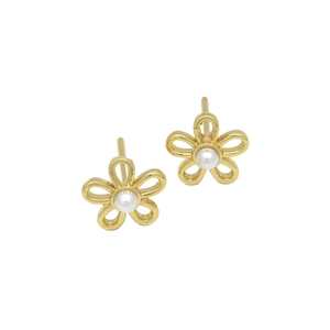 Close-up of gold flower earrings featuring a centered round white pearl on white background