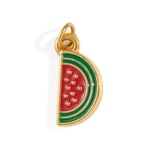 Detailed close-up of a 18K gold-plated stainless steel watermelon pendant with red enamel