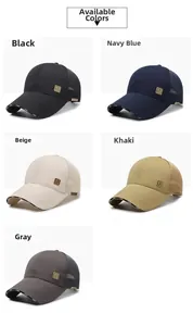 Mesh paneled baseball caps displayed in five colors with side metal logo and lettered brim
