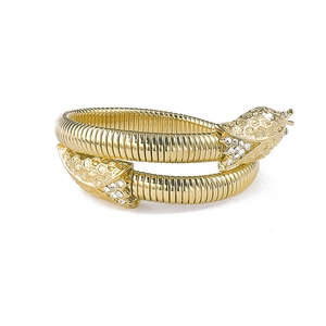 Detailed view of golden snake ring with scales texture and shimmering zircon stones