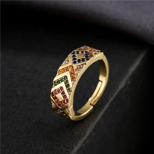 Gold plated adjustable ring with geometric multi-colored cubic zirconia gemstones