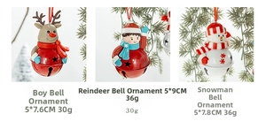 Three festive Christmas bells featuring elk, boy, and snowman designs on pine branches