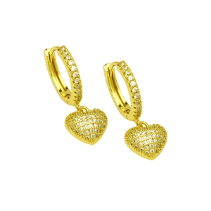Macro shot of 18k gold-plated heart drop earrings with pave-set shimmering zircon stones