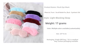 Detail view of plush faux bunny fur sleep eye mask with soft silk lining material