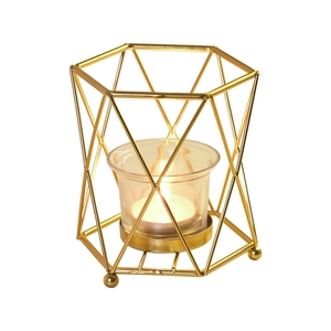 Modern geometric hollow gold metal candle holder with transparent glass cup for home decor