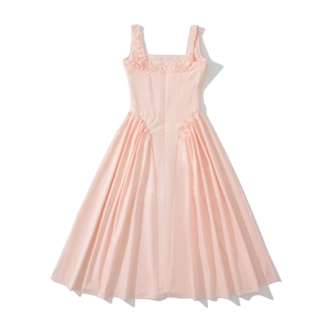 Pink sleeveless French retro dress with square neckline and pleated skirt detail